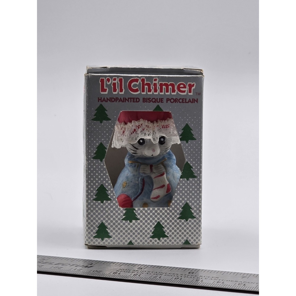 Jasco Christmas Ornament Lil Chimers Mouse Handpainted Bisque Porcelain Bell NOS